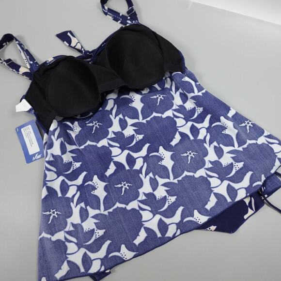 Hilor Tankini Top Womens 16 Blue Floral Ruched Side Built in Bra Cruise Flowy - Picture 12 of 16